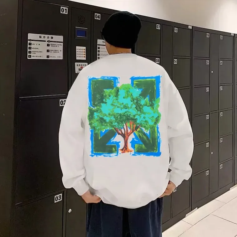 ♻️💯Upper body reference model picture❤️22SS top tested version environmentally friendly series OFFWHITE OW world environmentally friendly green tree graffiti pure cotton loose unisex round neck sweatshirt I won’t introduce the other ones here, just get to the point. This printed tree is different from the short-sleeved ones. The leaf shape part of the printing is replaced by embroidery. This cannot be seen from the picture level (you will definitely make a mistake when you look at the picture). Many versions on the market directly look at the picture and make the pattern, without worrying about this detail.  The fabric is made of 480g fish scale terry cotton fabric, and the hem is slit. This is the key detail.  The white front chest is the new slogan of the trumpet, and the back is also different. They are all framed by the classic and iconic large warning arrows. The black arrows are lake green, with a few white water-like patterns added; the white ones are sky blue arrows, with a big tree inside with branches and leaves filling the entire pattern. Both pieces are interpretations of traditional retro hand-painted graffiti painting techniques, which fully embody the natural and environmentally friendly atmosphere.  Color: White Size: XS-L P:370